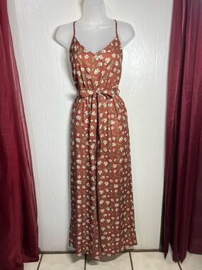 Floral Rust Spaghetti-Strap Jumpsuit with Tie Waist